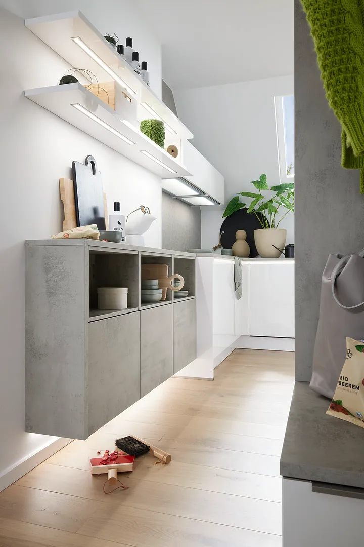Nolte Lux WeiSZ Hochglanz / Stone Beton — aranżacja kuchni