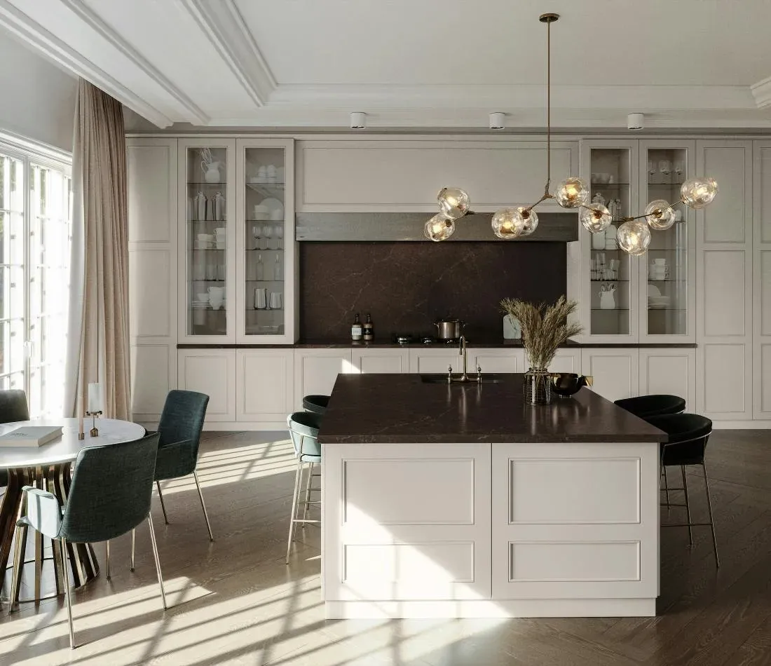 Kuchnia z wyspą i blatem Silestone w ciepłym, brązowym odcieniu